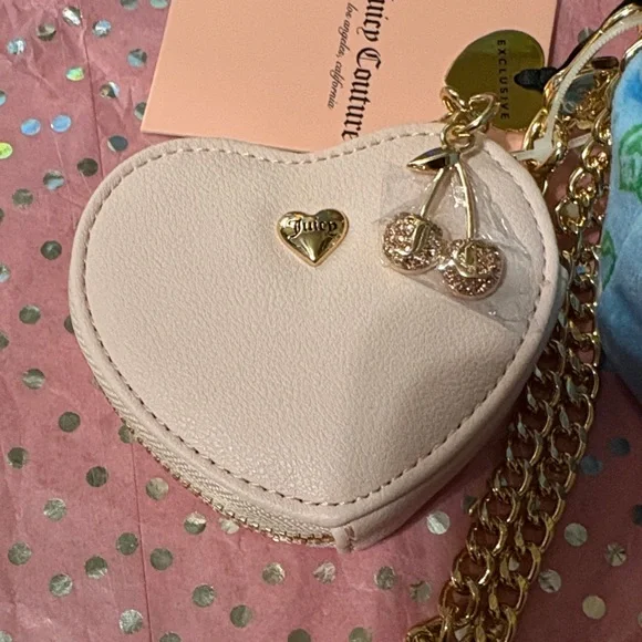 Juicy Couture Blue Gleam Drawstring Mini Bag with Heart Mirror Charm Pouch NWT - Picture 5 of 10